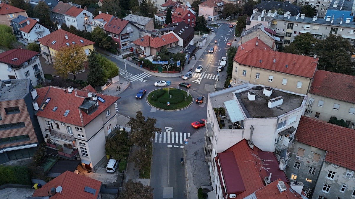 An aerial view of a city with a lot of buildings